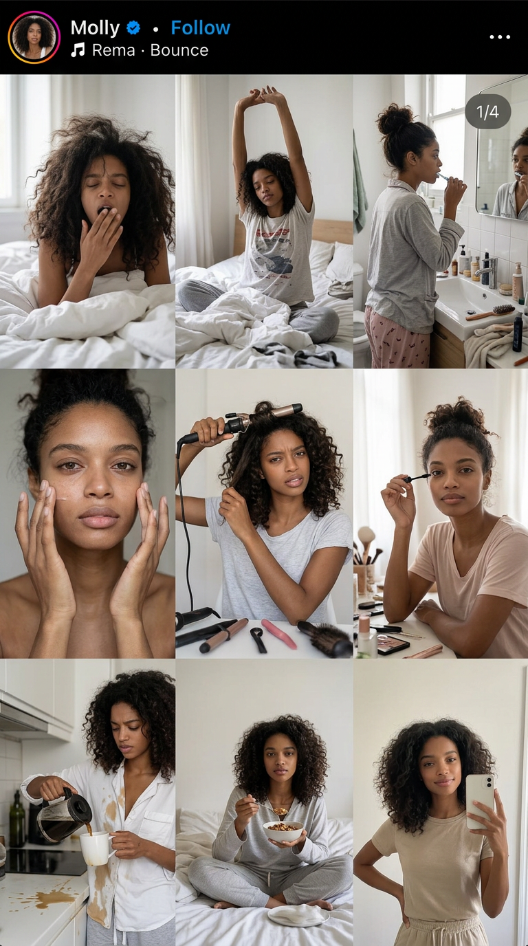Ultra-photorealistic Instagram-style 3x3 morning routine collage po... (#446)