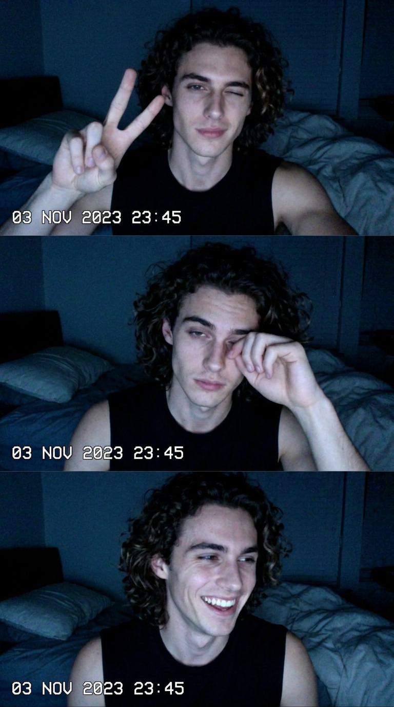 Vintage webcam-style photo booth collage of reference person sitting (#442)