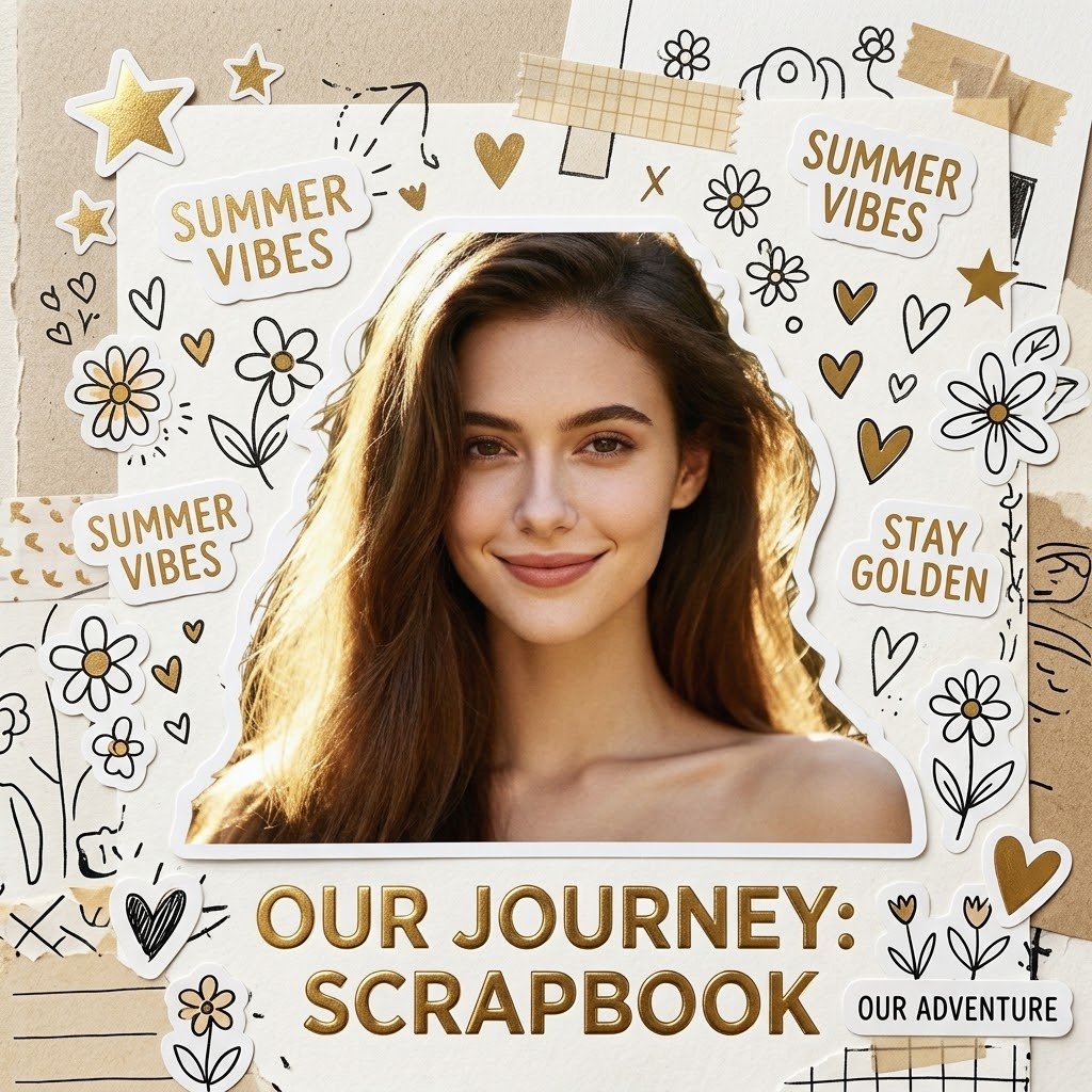 Transform the uploaded photo into Sticker Collage Scrapbook Cover (#436)