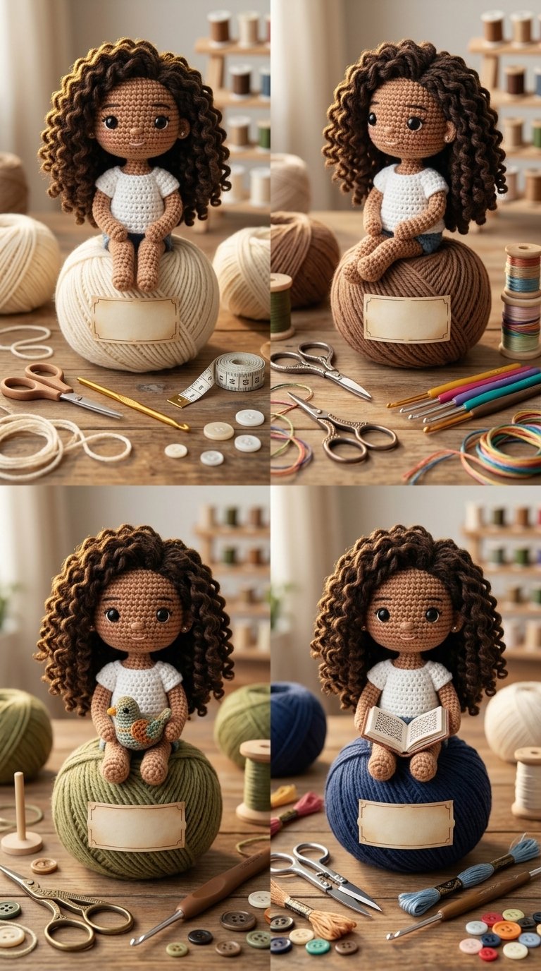 2x2 grid, create four crochet-style character dioramas based on (#404)