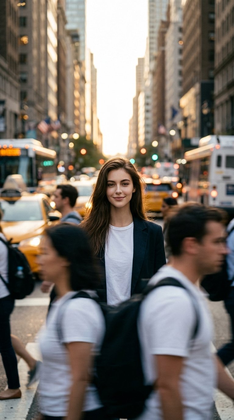Cinematic street photography of the person a reference standing (#379)