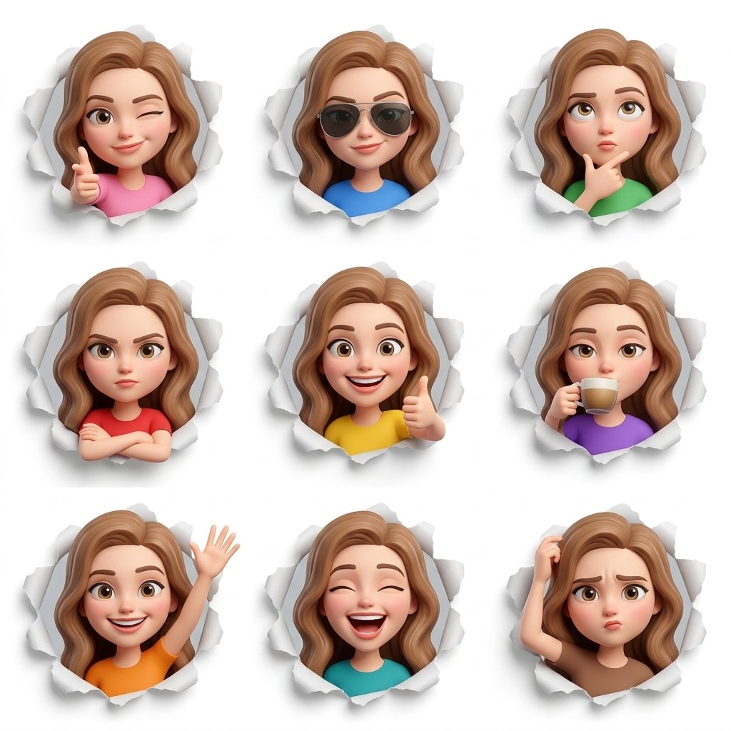 Create a 3×3 grid of 9 expressive 3D cartoon (#296)