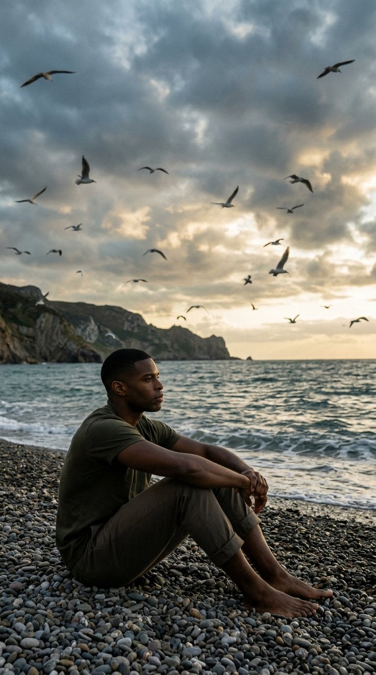 A cinematic, full-body shot of reference person sitting on (#269)