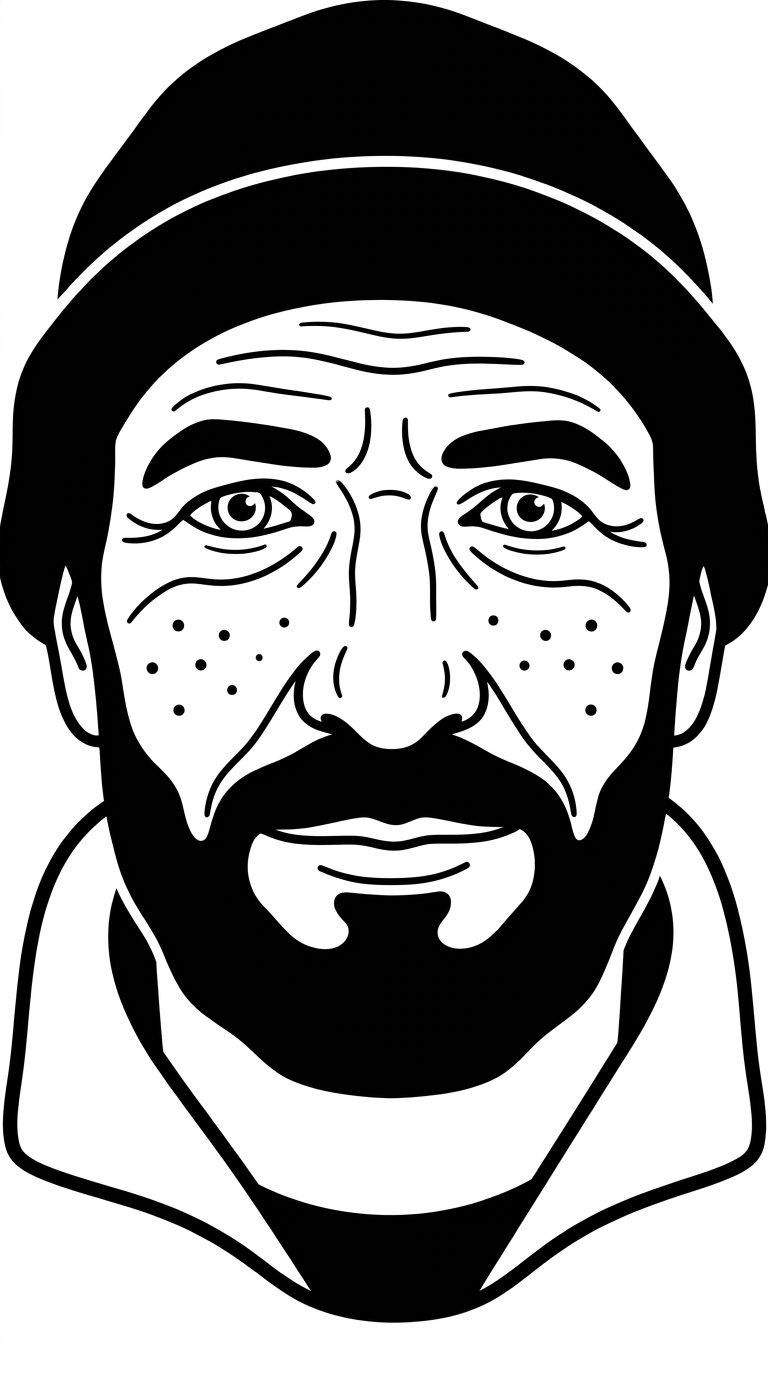 A minimalist, black-and-white flat vector illustration portrait of the (#215)