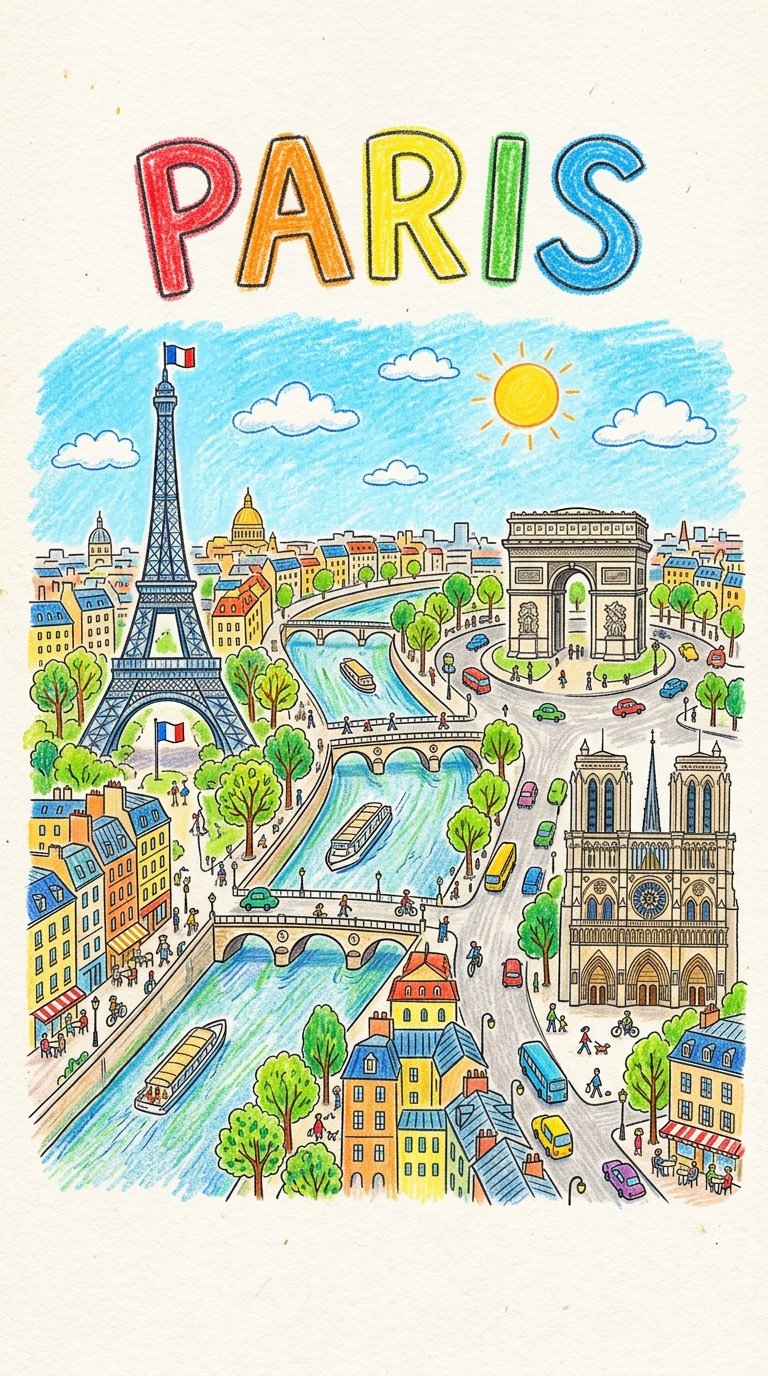 A neat, colorful crayon and colored-pencil drawing of Paris (#210)