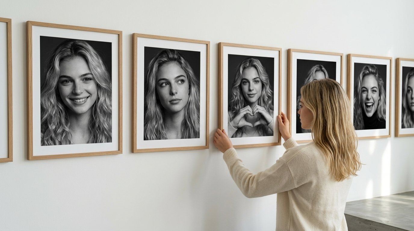 A modern minimalist interior wall with multiple framed black-and-white (#209)