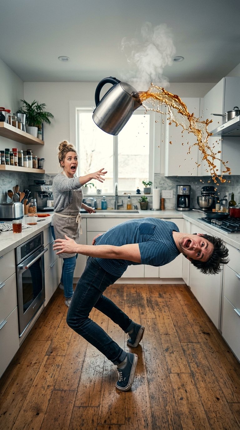 Surreal comedic scene inside a modern kitchen: a young (#179)