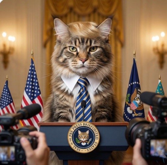 A Maine Coon cat stands behind a replica presidential (#44)