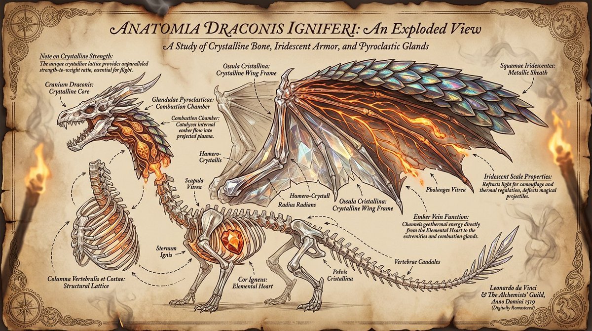 Create an exploded-view illustration of a dragon's anatomy, dissecting (#18)