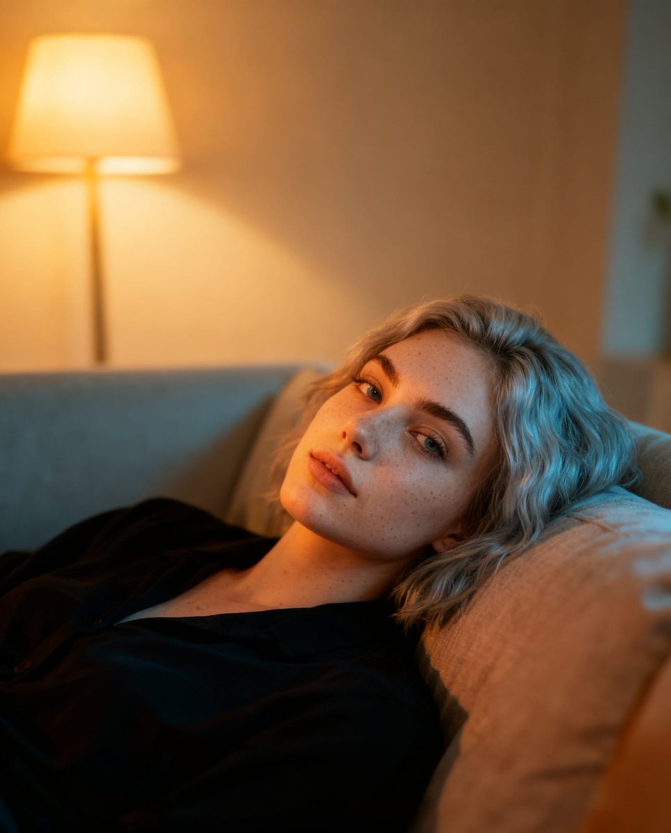 Woman Relaxing on Couch, Soft Lighting, UGC Realism (#nb_1443)