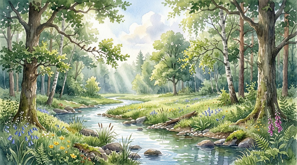 Forest Clearing Watercolor with Volumetric Lighting (#nb_1419)
