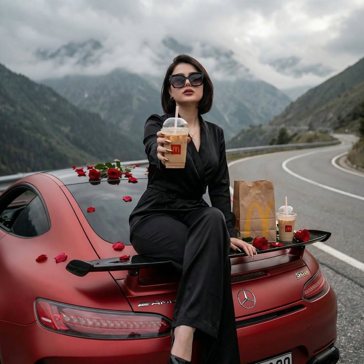 Woman on Sports Car with McDonald's and Roses (#nb_1372)