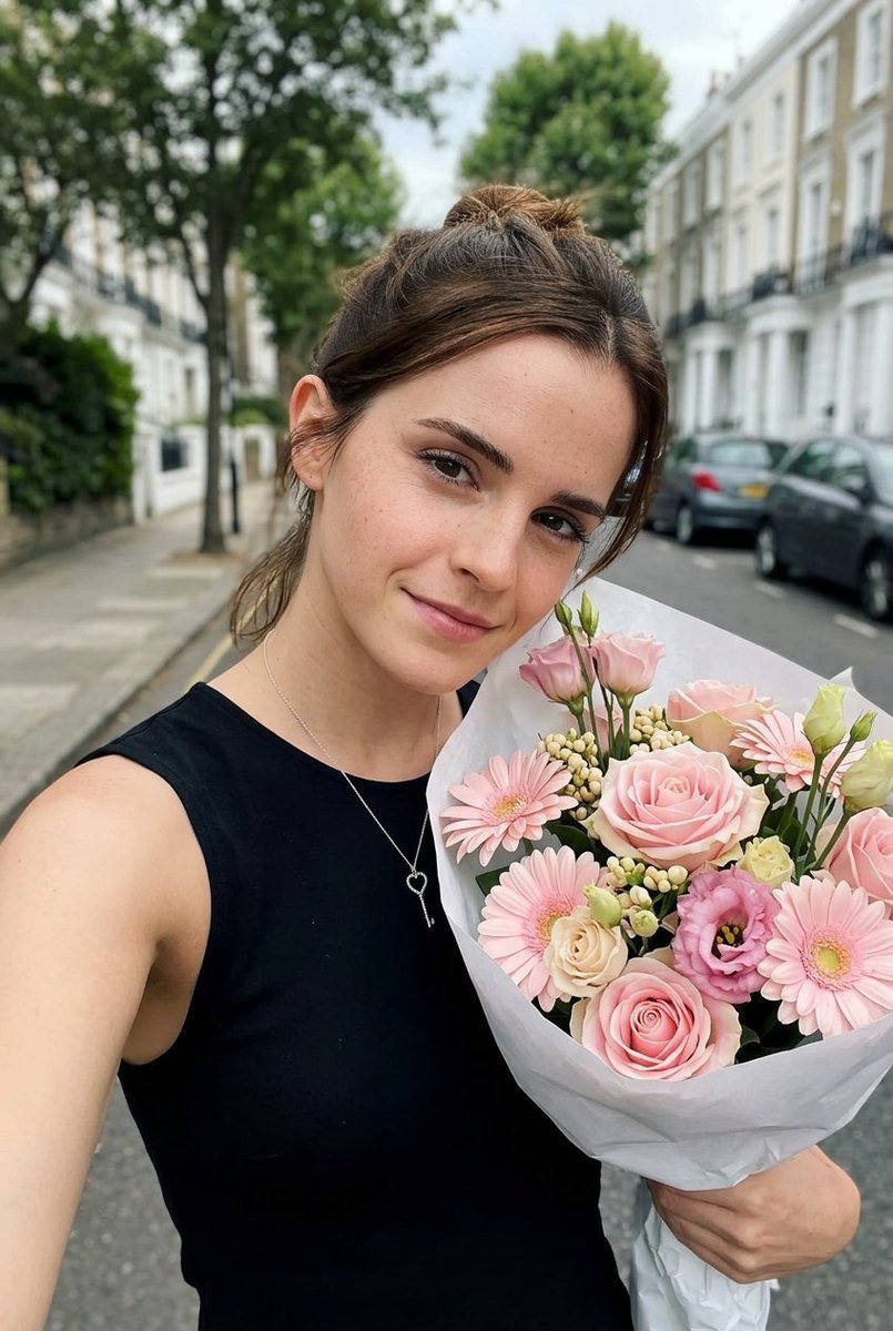 Selfie with Pastel Pink Flower Bouquet on European Street (#nb_1363)