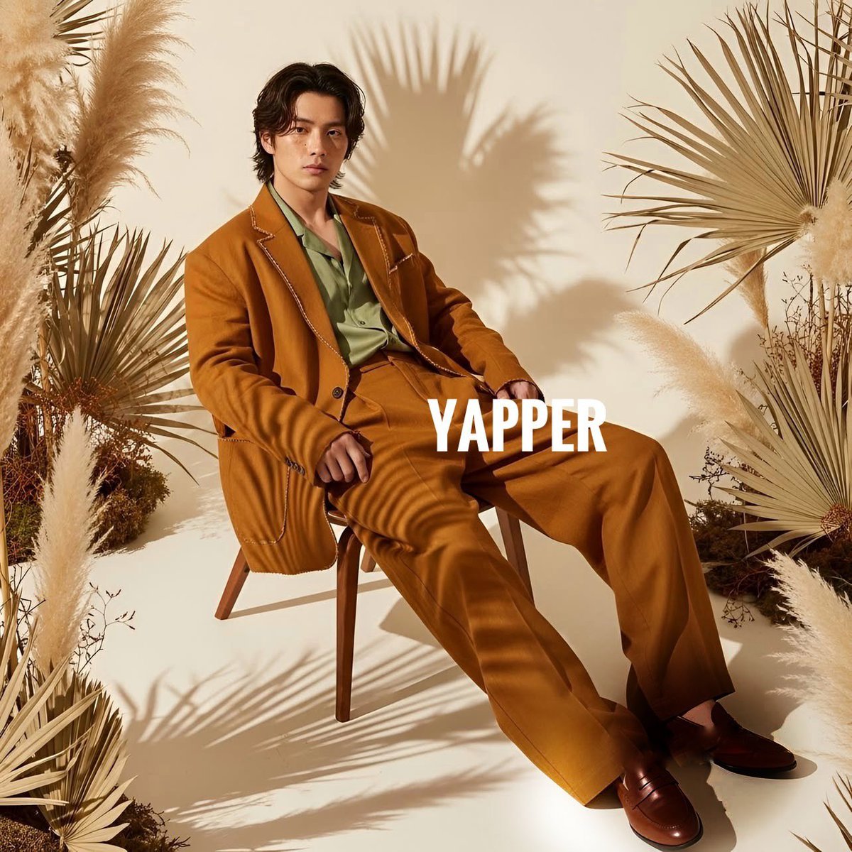 East Asian Male Model in Ochre Linen Suit Editorial (#nb_1324)