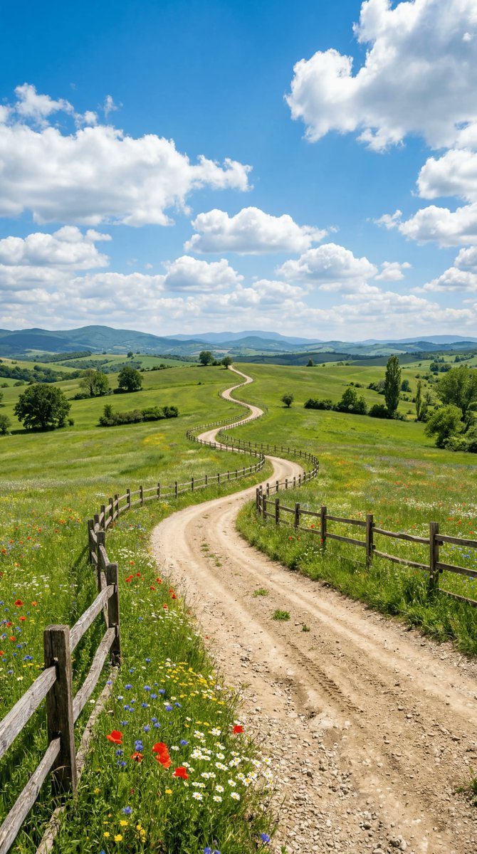 Sun-Baked Dirt Road Through Lush Green Pastures (#nb_1260)