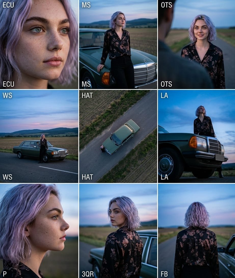 Cinematic 3x3 Grid of Woman at Dusk, Multiple Angles (#nb_1215)