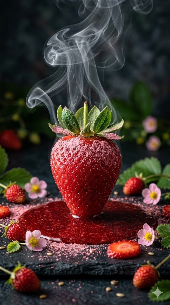 Dramatic Macro Strawberry with Steam and Syrup (#nb_1173)