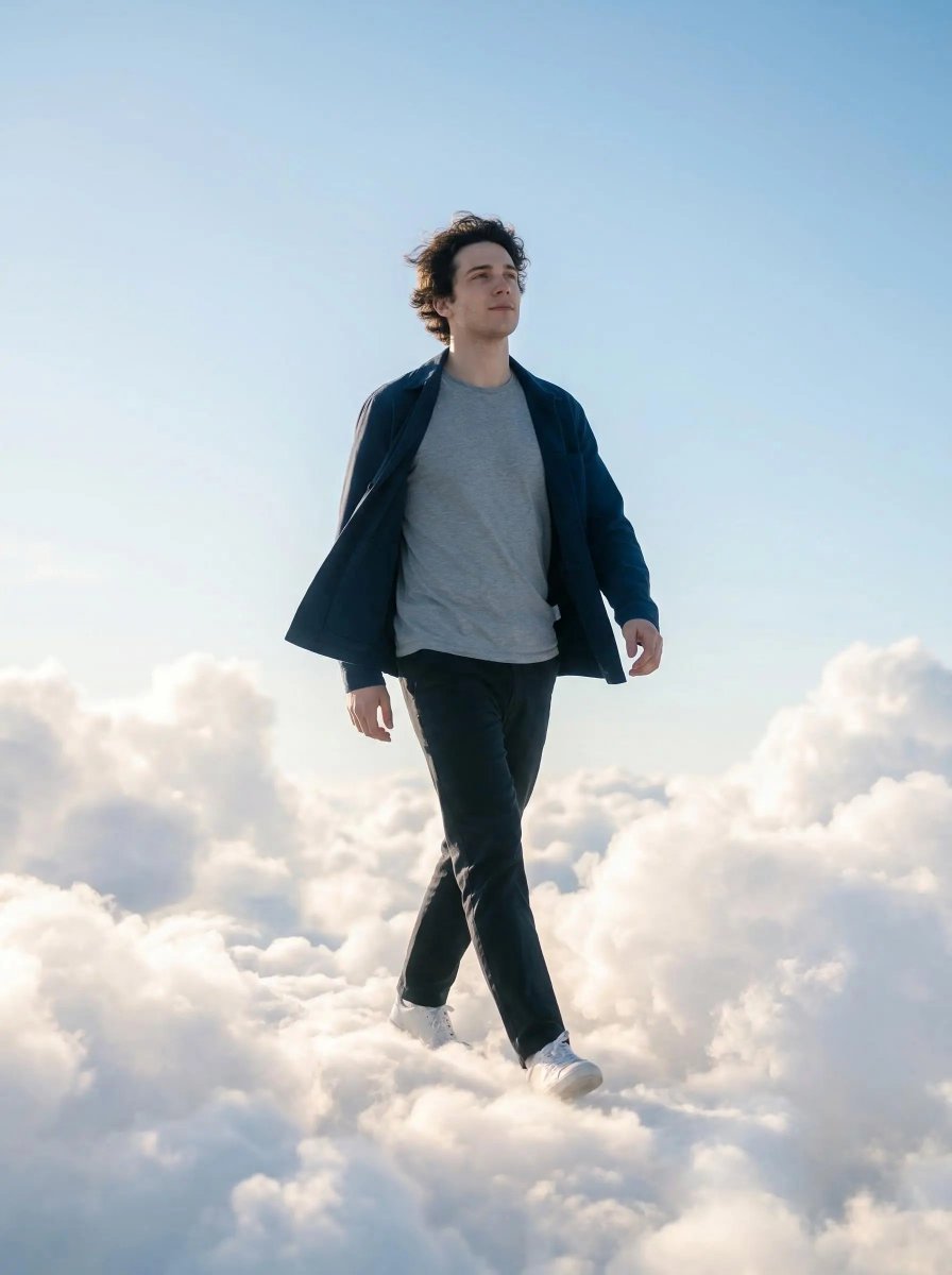 Person Walking Through Glowing Clouds, Cinematic Photo (#nb_1070)