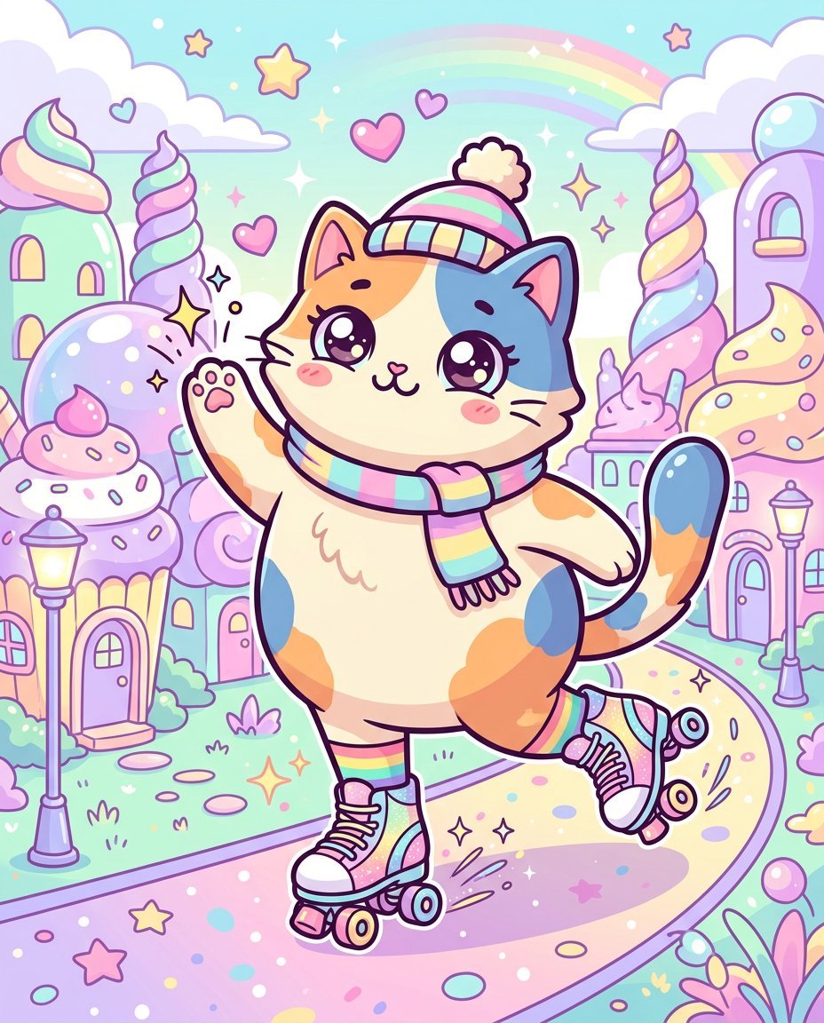 Roller Skating Cat in Pop Surreal Kawaii Style (#nb_1036)