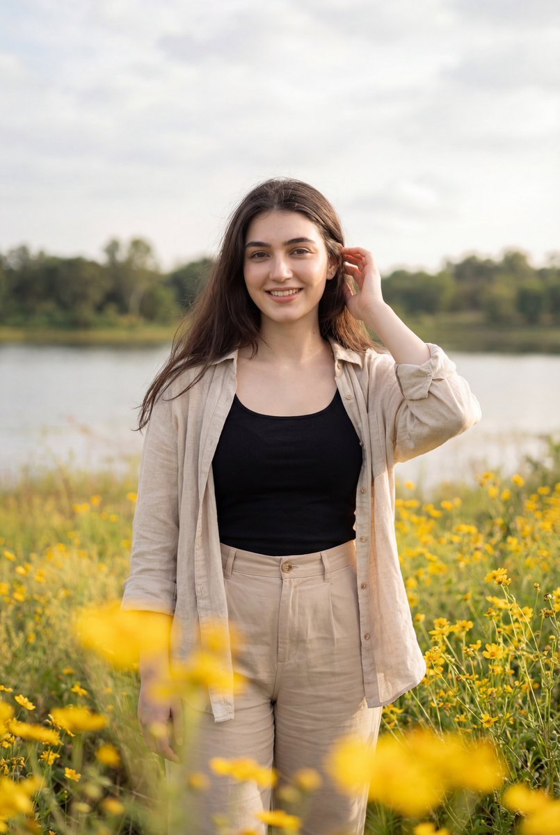 Smiling Woman in Wildflower Field, Lake Background (#nb_1010)