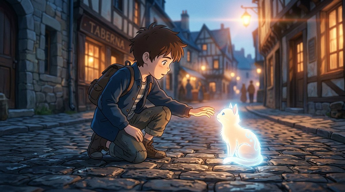Anime Boy with Spirit Cat in European Alley (#nb_973)