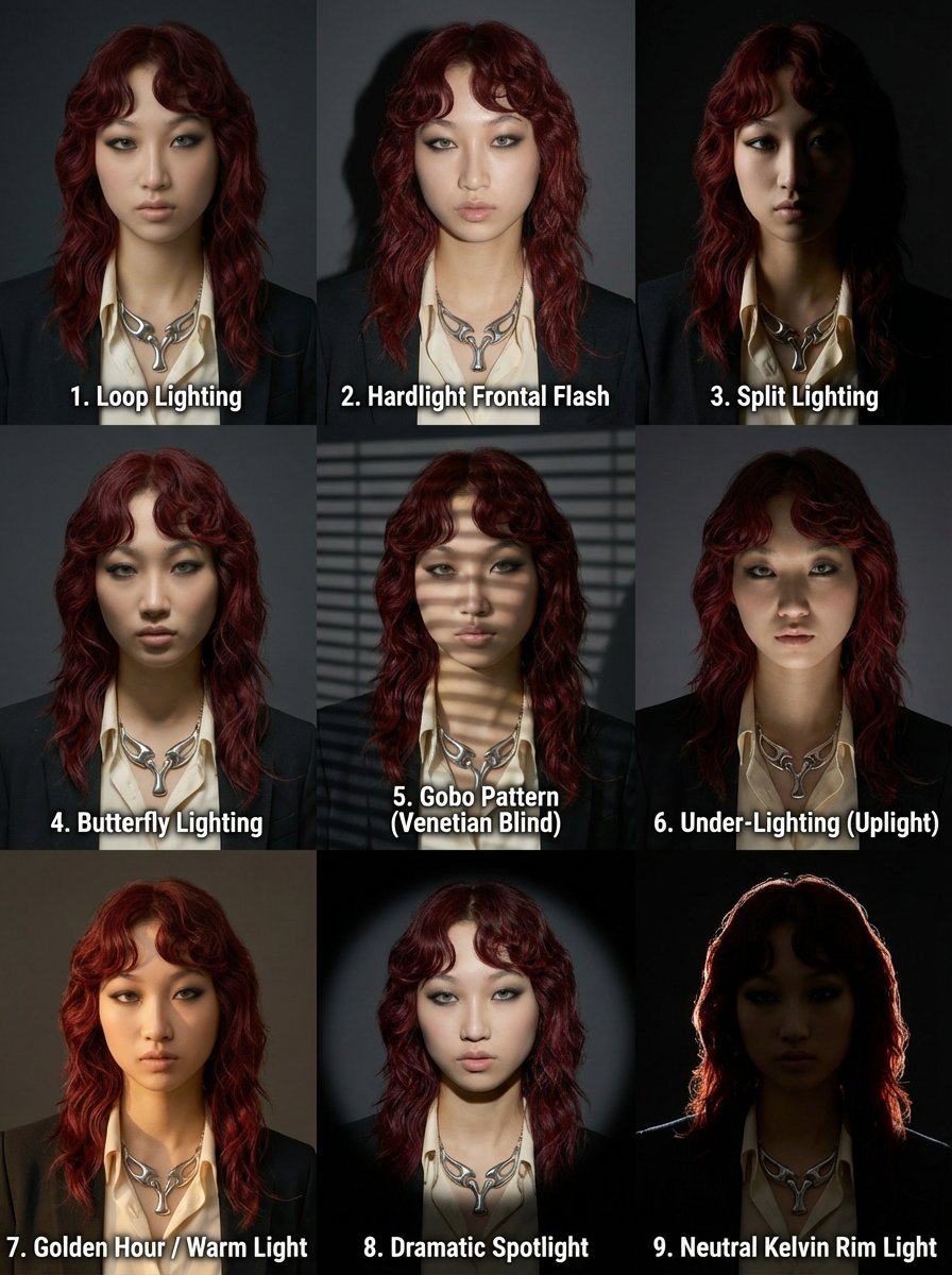 9-Panel Portrait Grid with Varied Lighting (#nb_944)