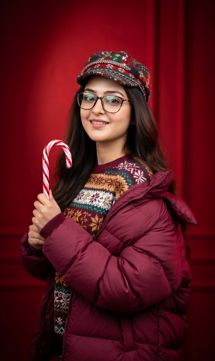 Studio Portrait with Red Gradient and Puffer Jacket (#nb_926)