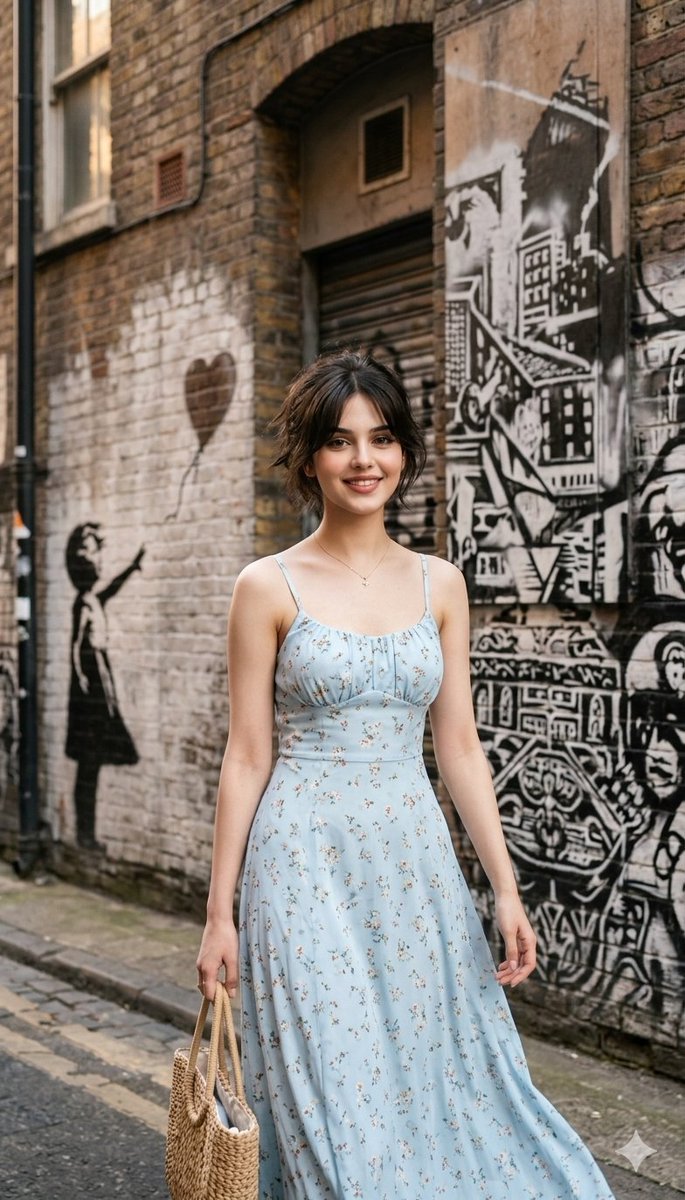 Woman in Sundress with Banksy-Style Graffiti Background (#nb_914)