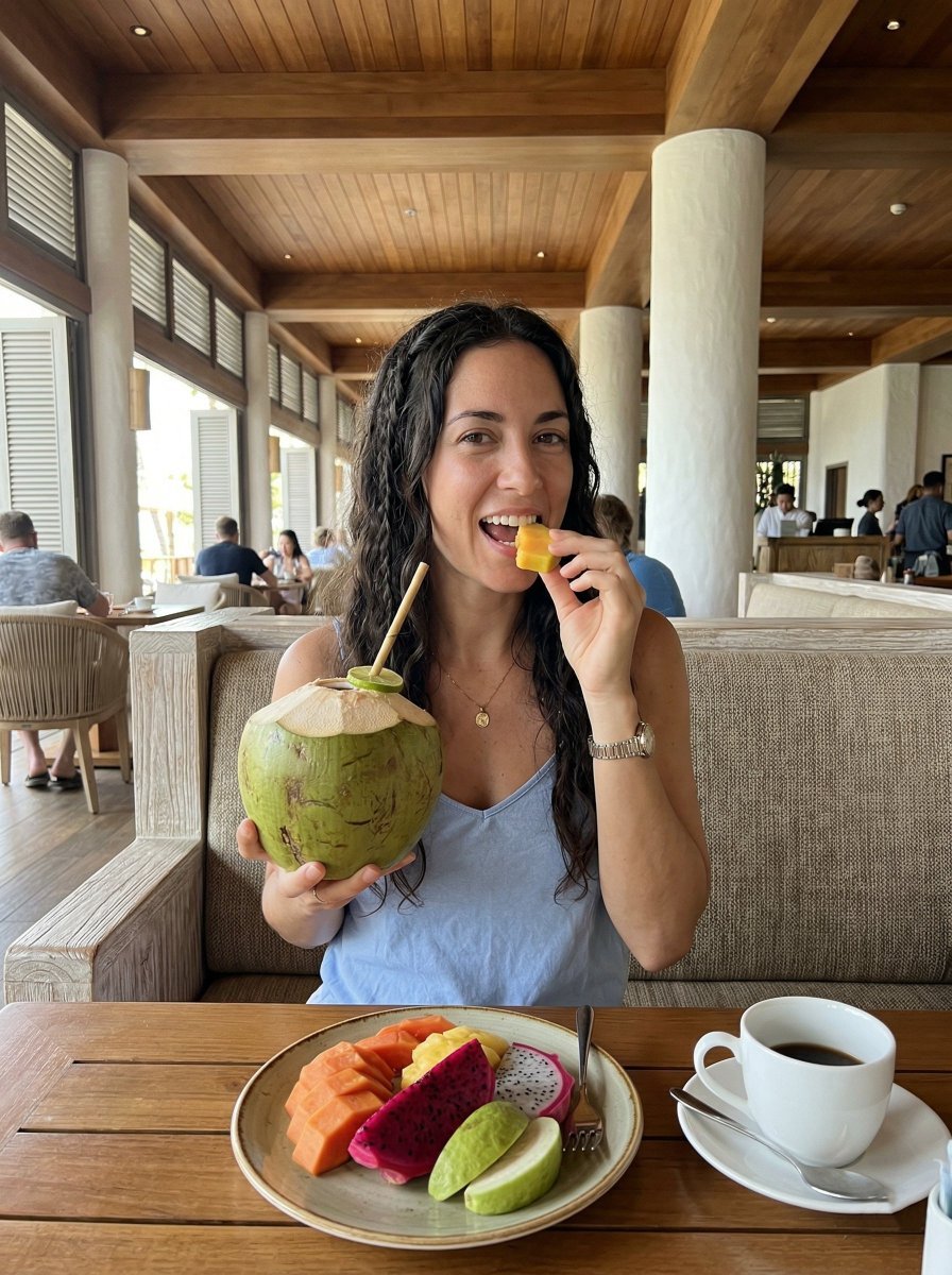 Woman at Resort Restaurant with Tropical Fruit (#nb_898)