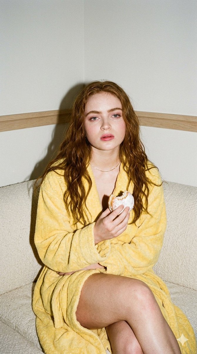 Woman in Yellow Robe with Donut, 35mm Film Aesthetic (#nb_889)
