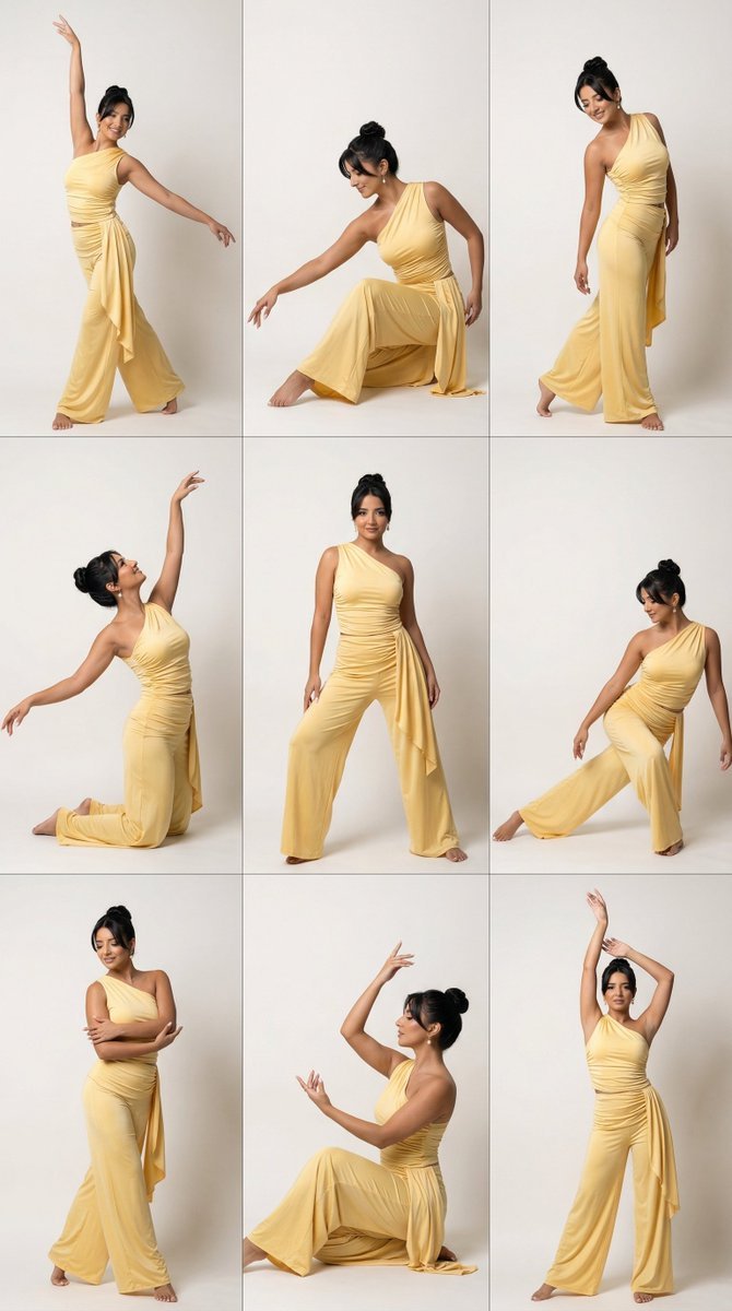 Editorial Grid: Woman in Butter-Yellow Dance Outfit (#nb_839)
