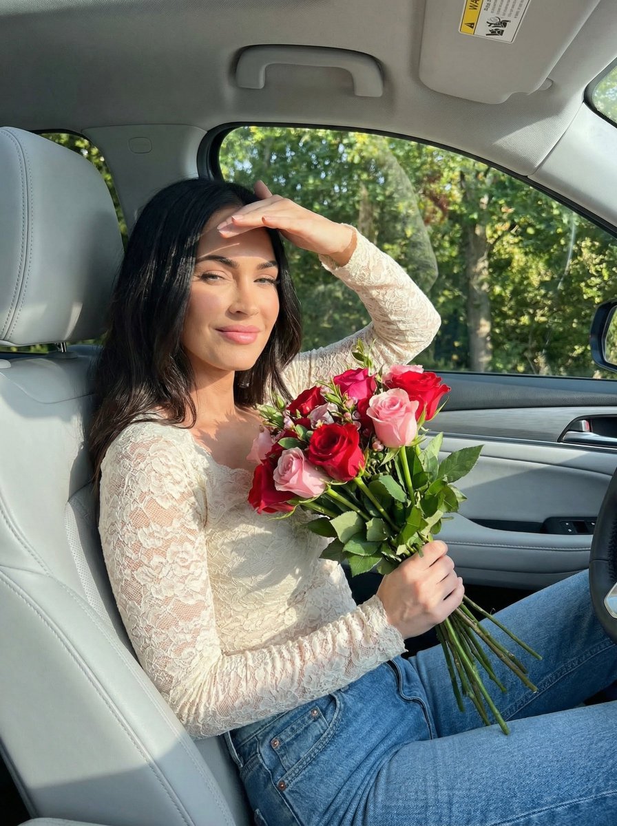 Woman in Car with Flowers, Sunlight (#nb_770)