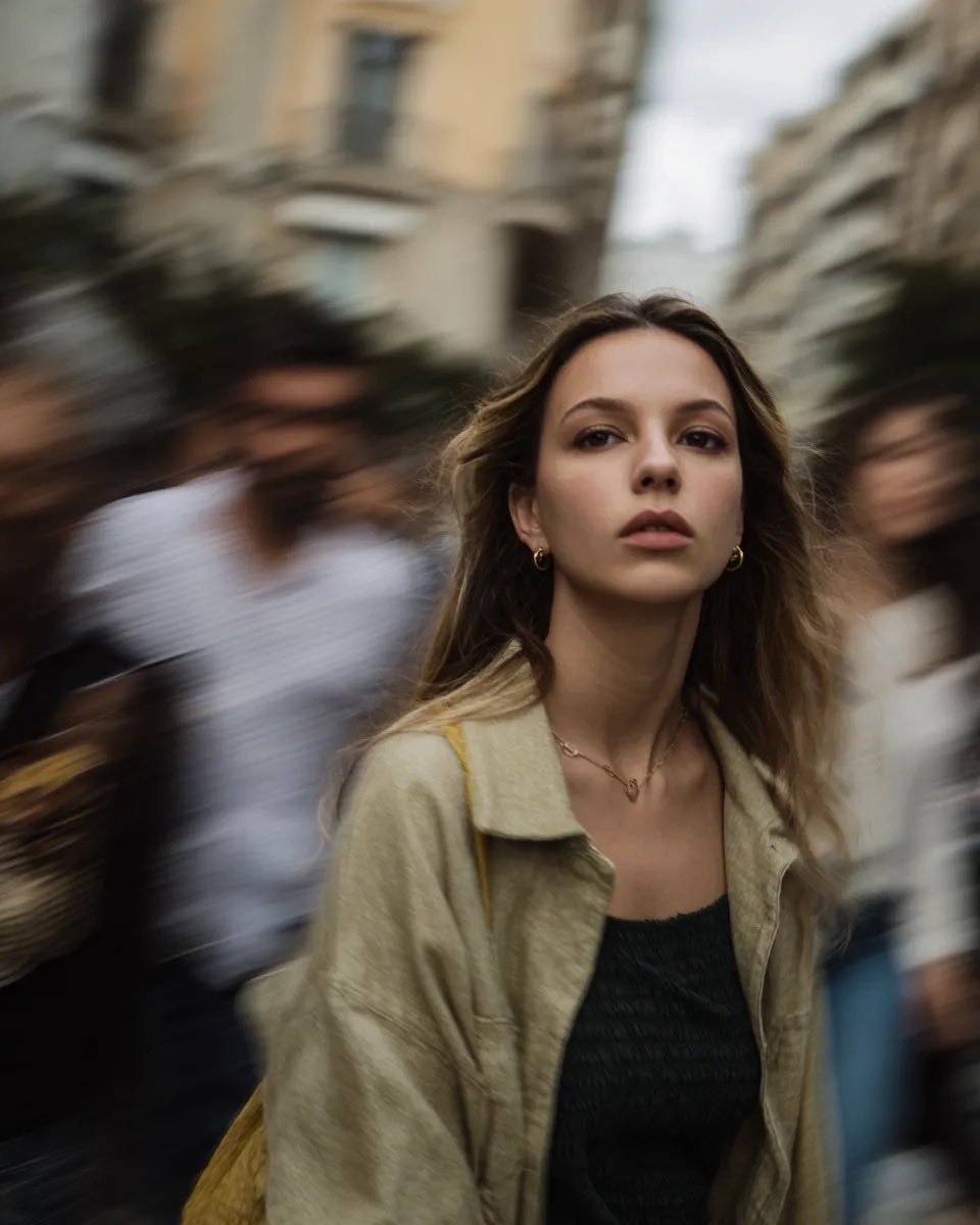 A cinematic street portrait of a young woman standing still (#nb_741)