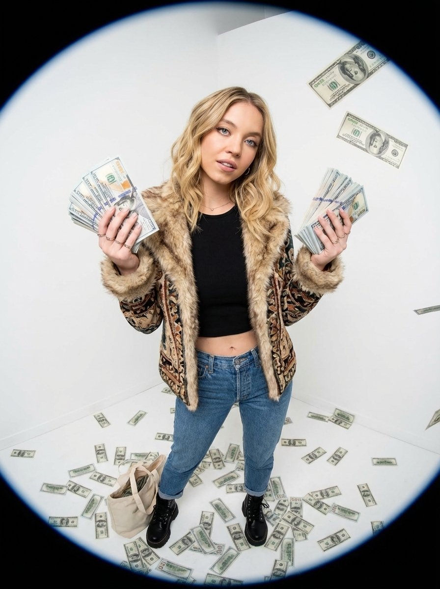 Fisheye Portrait of Woman in Cash-Filled Studio (#nb_724)