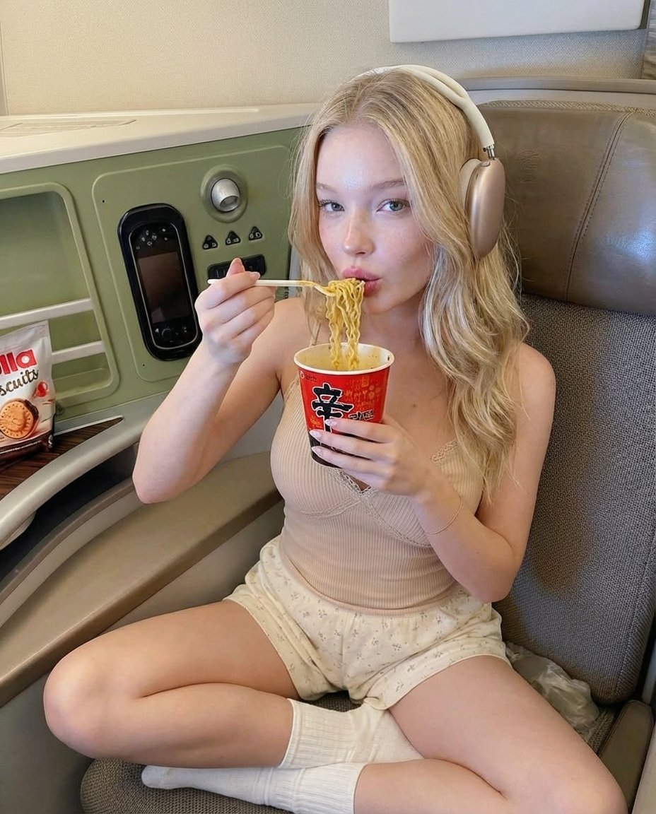 Woman Eating Noodles in Premium Travel Cabin (#nb_693)