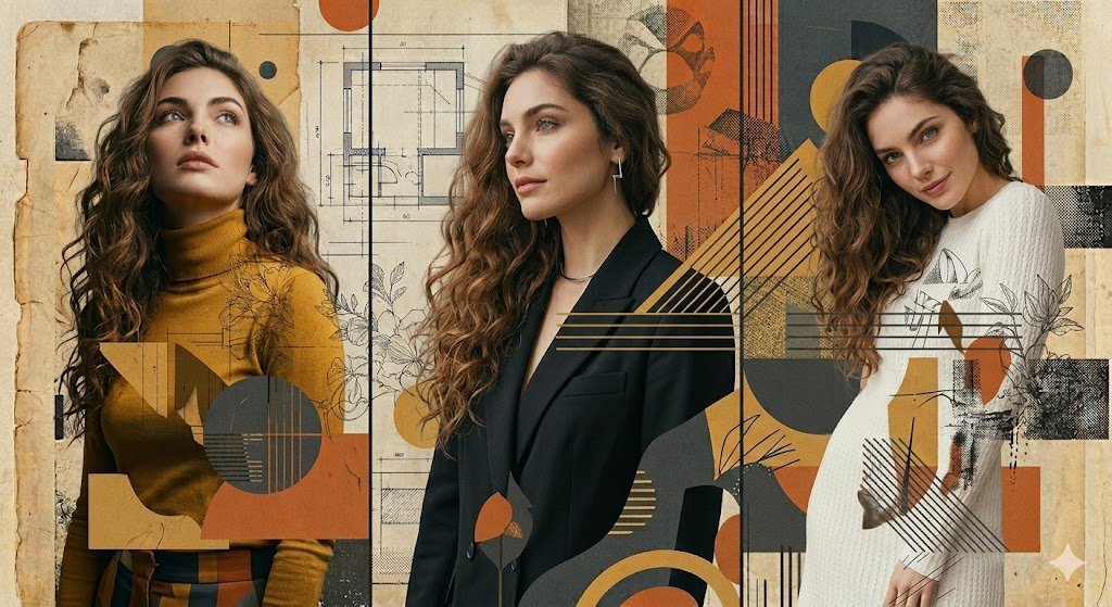 Three-Panel Portrait with Abstract Mixed-Media Collage (#nb_662)