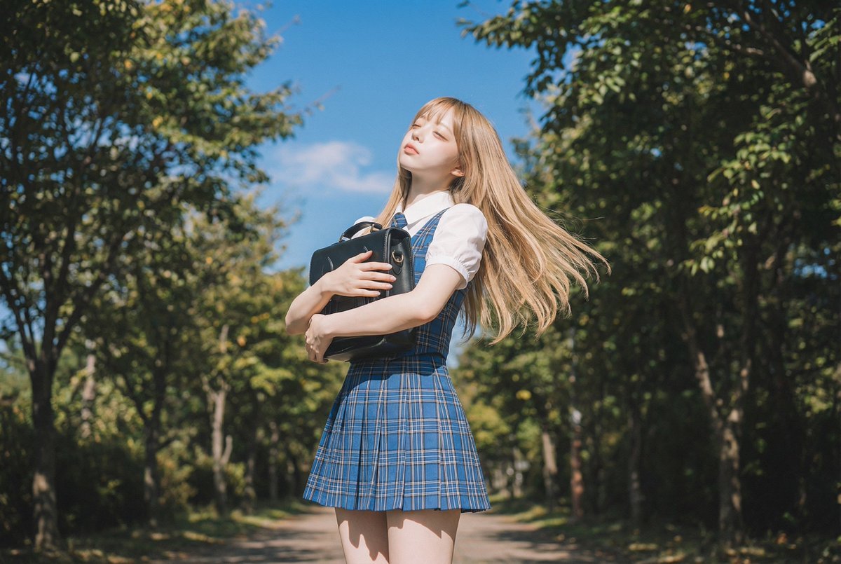 Blonde Girl in School Uniform on Tree-Lined Street (#nb_605)