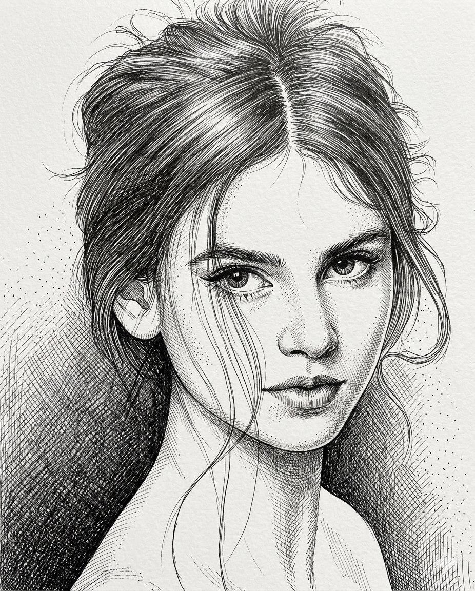 High-Contrast Pen and Ink Portrait of a Young Woman (#nb_603)