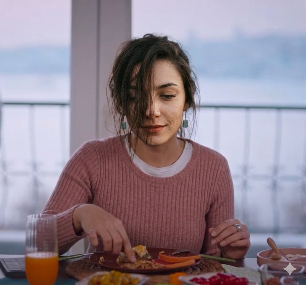 Woman Eating Breakfast on Balcony, Misty Coastline (#nb_537)