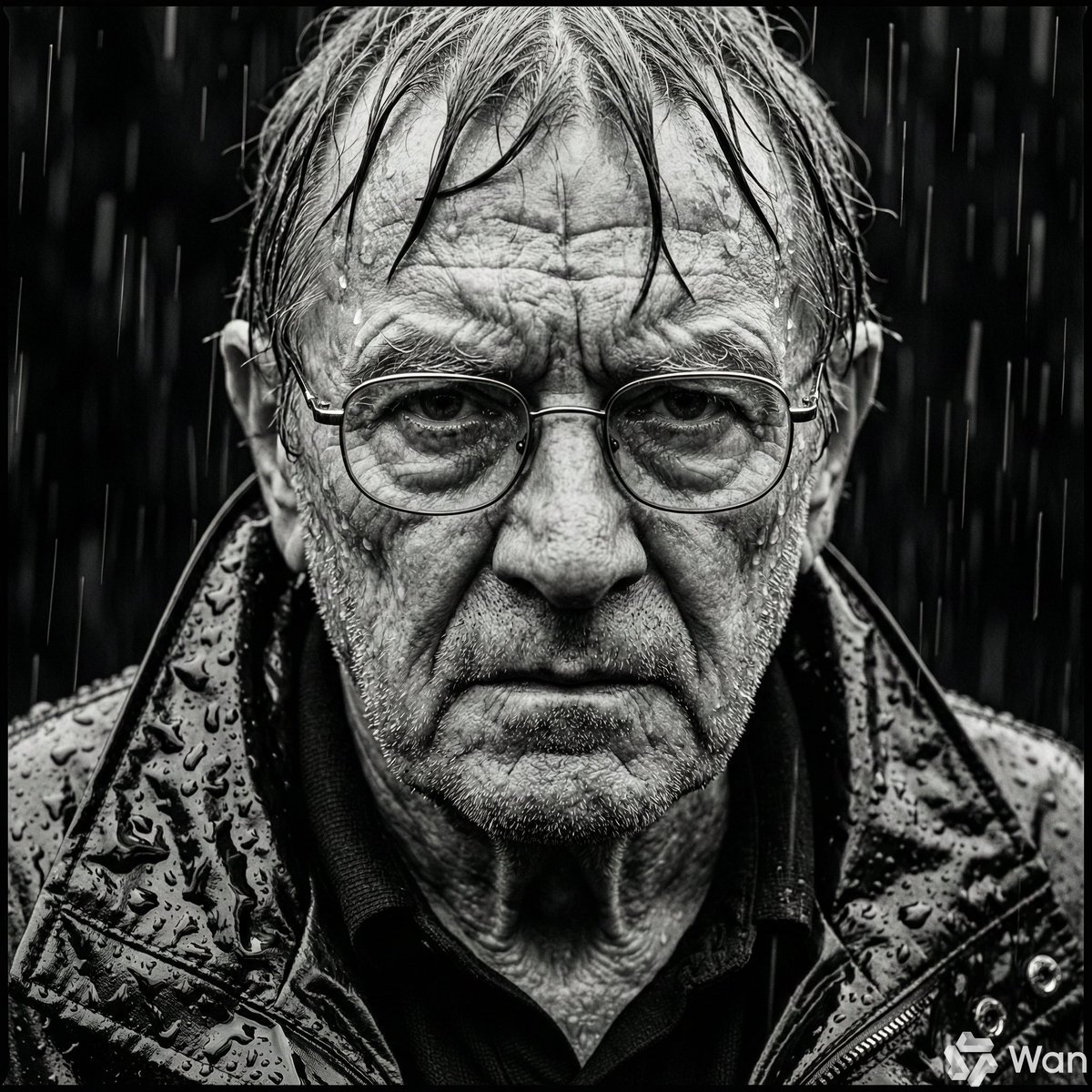 Weathered Elderly Male in Downpour, Monochrome Portrait (#nb_502)