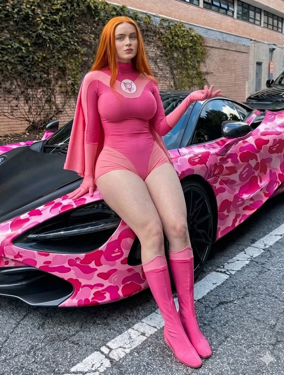 Woman in Pink Superhero Suit with Sports Car (#nb_426)