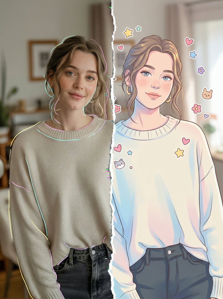 Split-Style Portrait: Realistic Photo vs. Digital Illustrati (#nb_417)