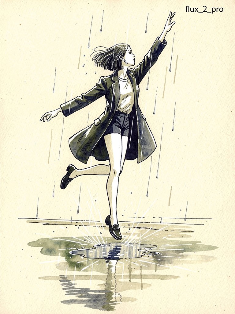 Woman Jumping in Puddle on Rainy Night, Watercolor Ink (#nb_402)