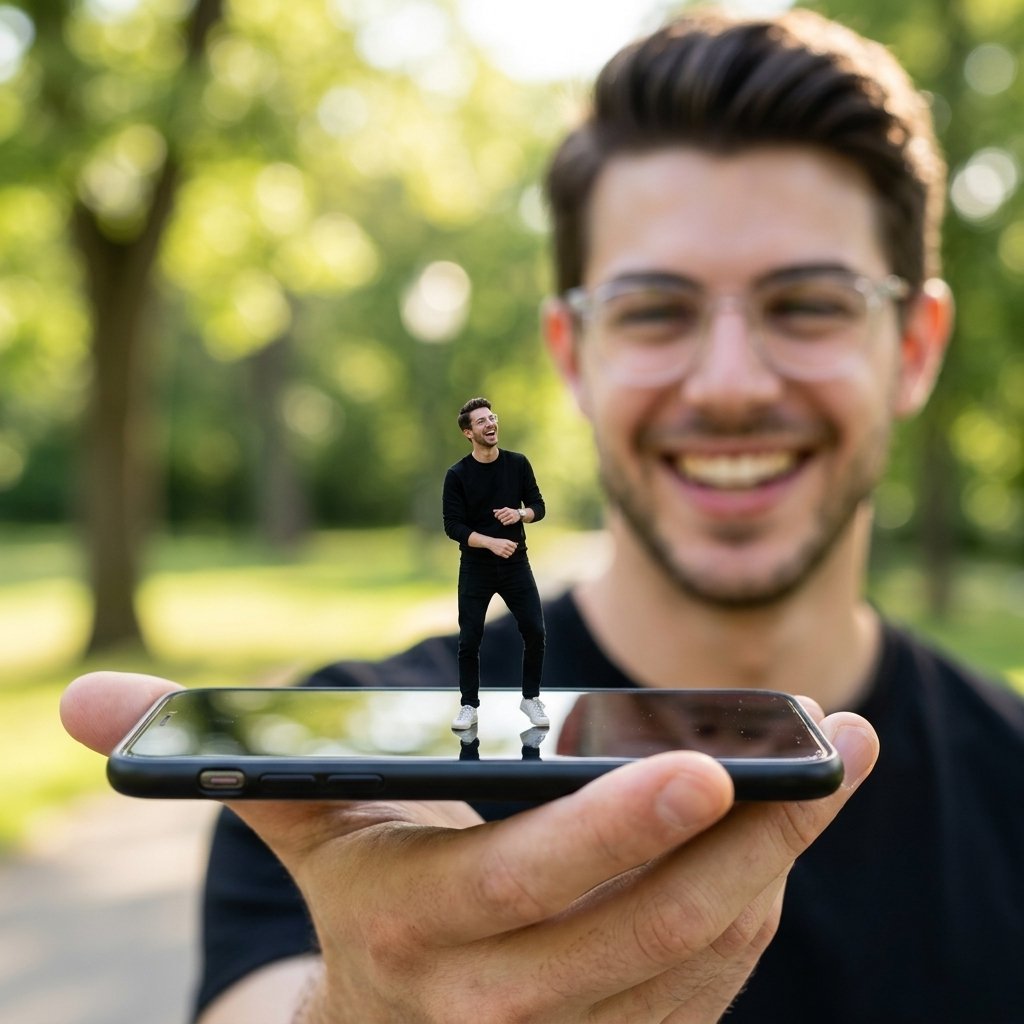 Man holding smartphone with miniature self dancing on screen (#nb_387)