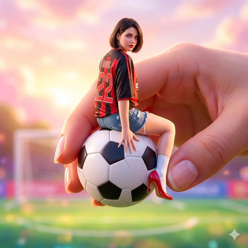 Miniature Girl on Giant Soccer Ball, Surreal Scene (#nb_357)