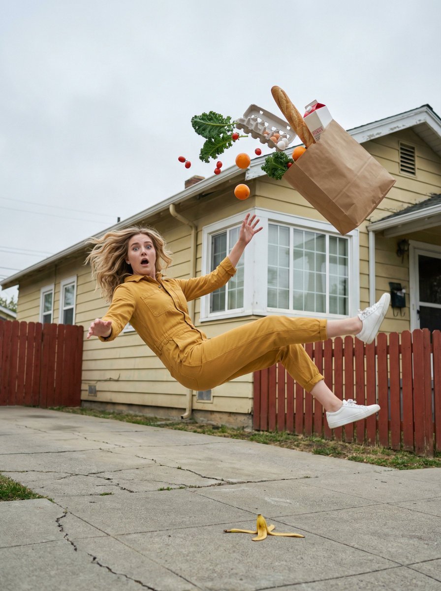 Woman Falling with Exploding Groceries, Cinematic (#nb_349)