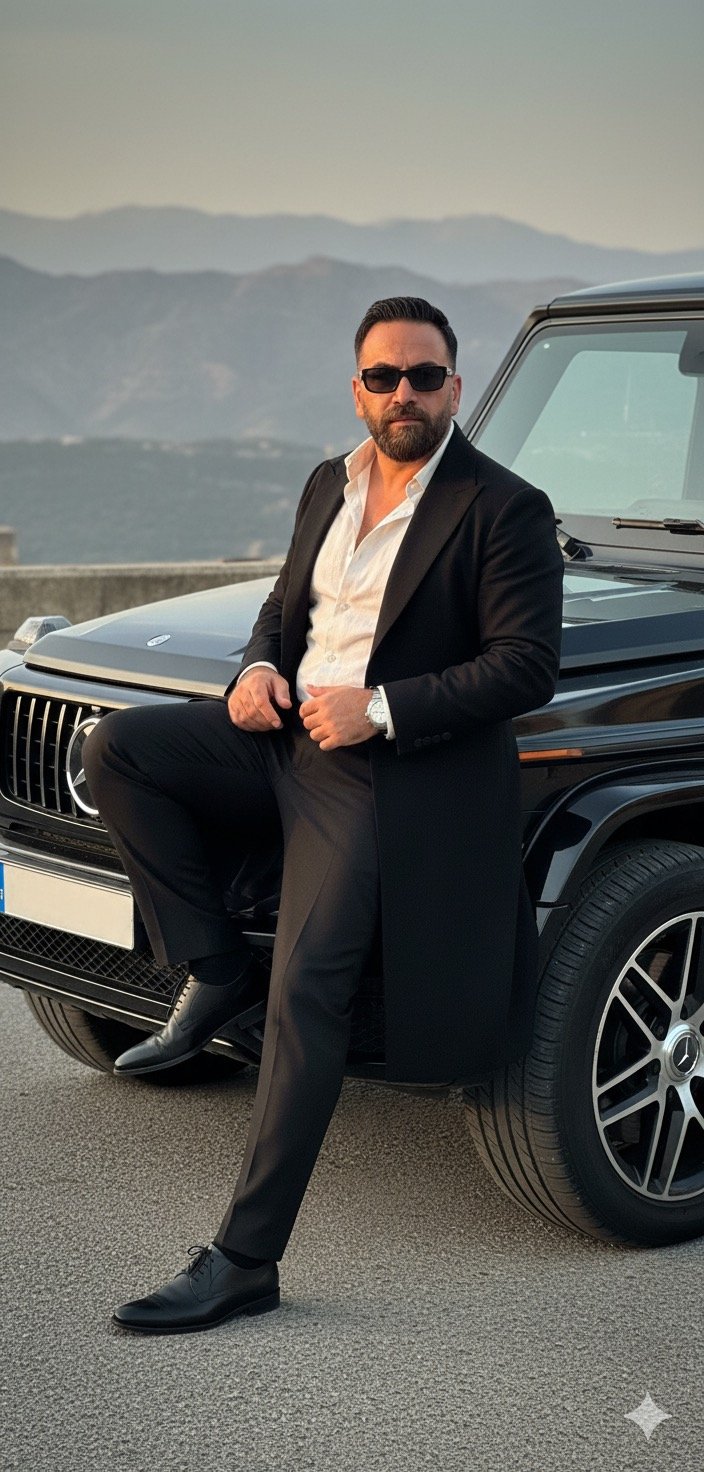 Man with Mercedes G-Wagon in Cinematic Amber Light (#nb_298)