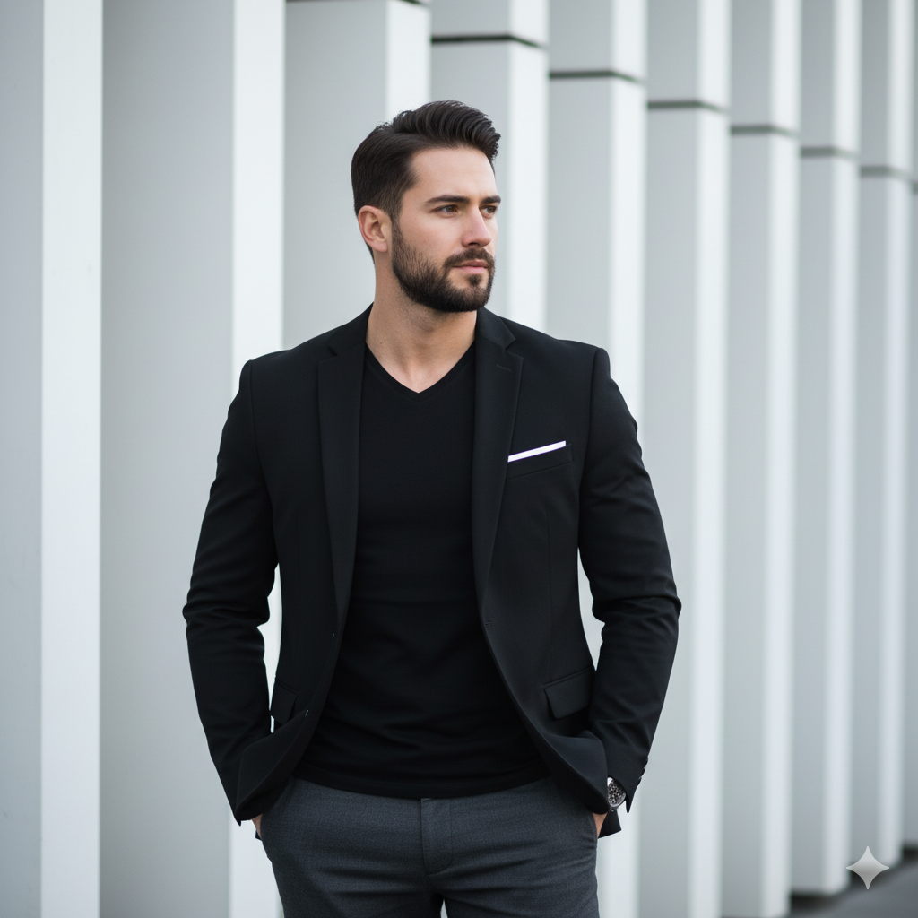Handsome Man in Black Blazer, Modern Architectural Backgroun (#nb_294)