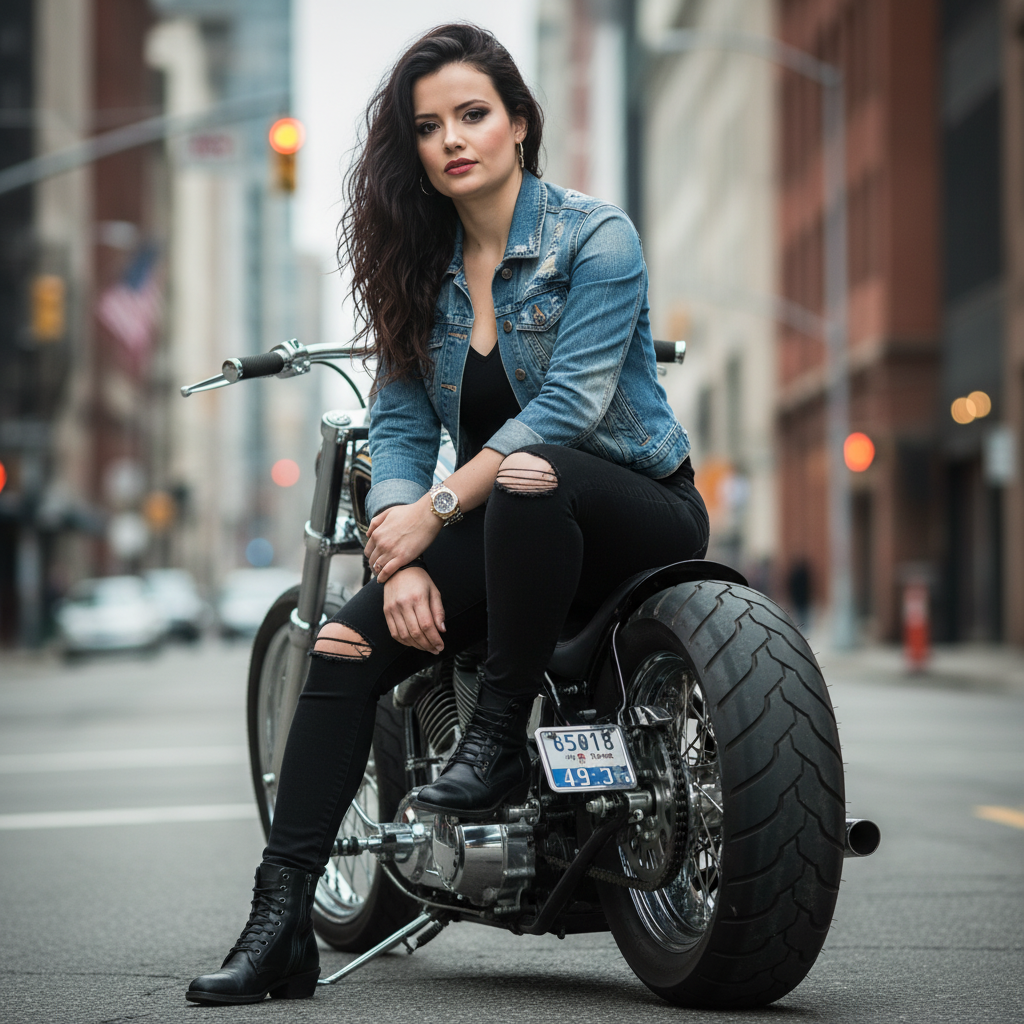 Biker-Chic Woman on Motorcycle Urban Portrait (#nb_281)