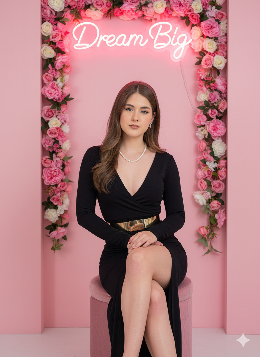 Glamorous Studio Portrait with Pink Neon and Flowers (#nb_274)
